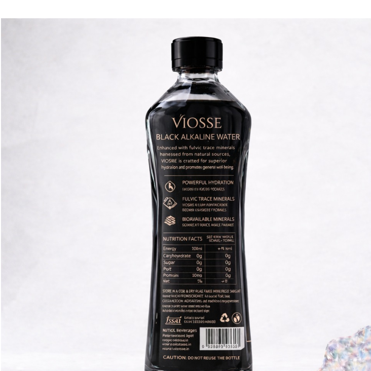 Back label hierarchy reference for the VIOSSE black alkaline one-litre bottle