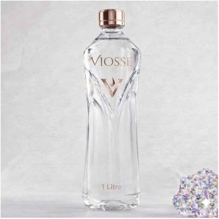 Approved front reference of the clear one-litre VIOSSE faceted bottle